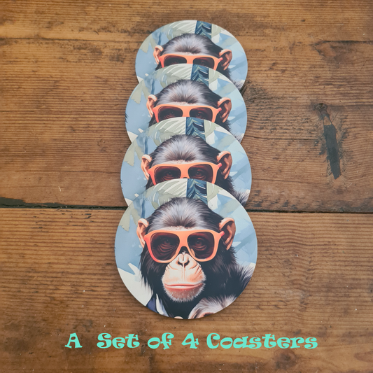 Coasters, wine, beer, Pack of 4, novelty, funny, monkey, tropical, hipster, Dad, Brother, College Student, Uncle, joke, Teacher gift